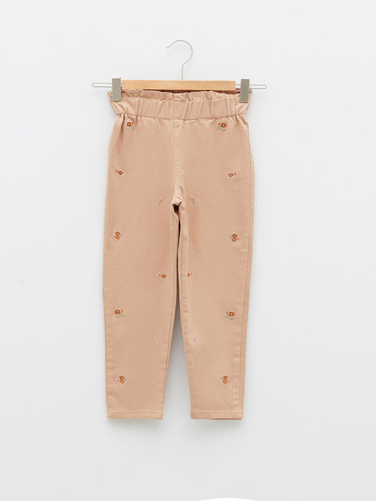 Embroidered Girls' Trousers with Elastic Waist