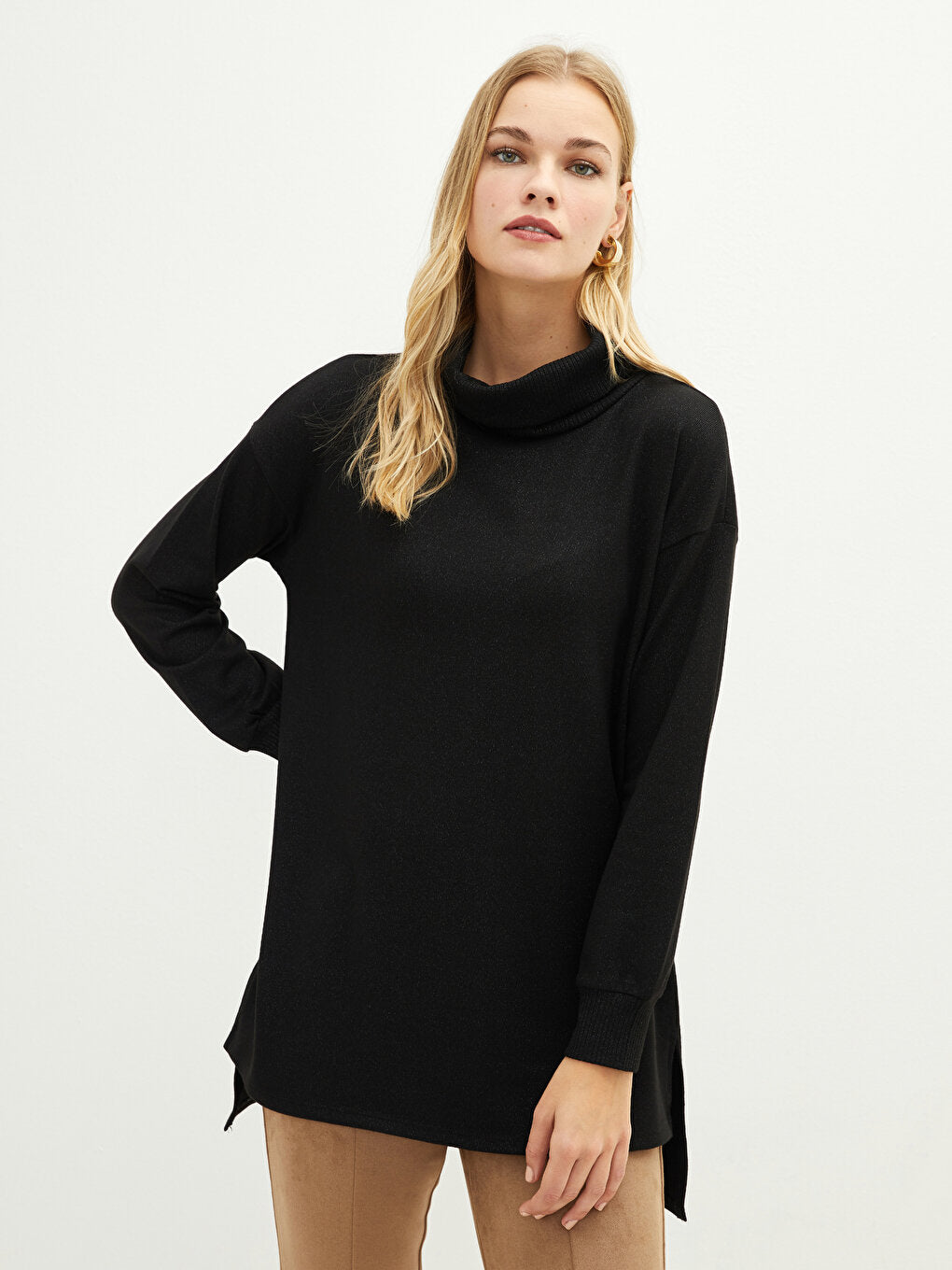 Turtleneck Plain Long Sleeve Women's Tunic