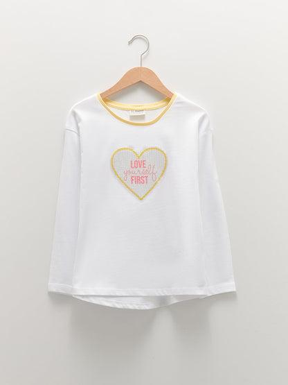 Crew Neck Printed Long Sleeve Cotton Girls' T-Shirt