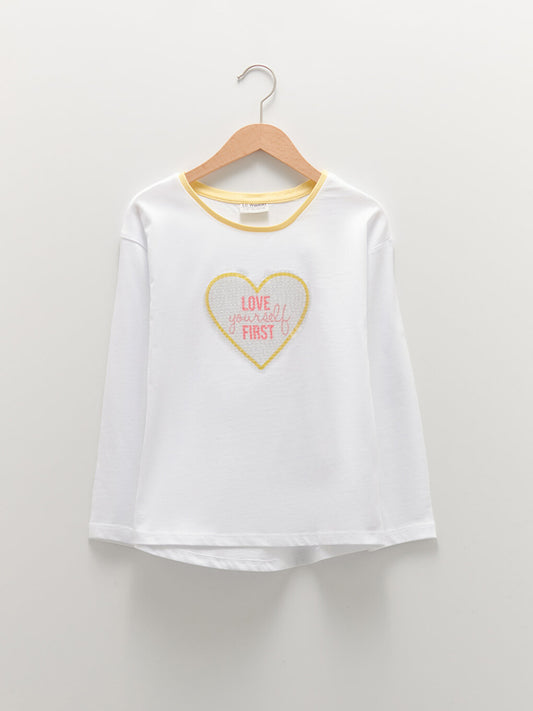 Crew Neck Printed Long Sleeve Cotton Girls' T-Shirt