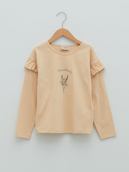 Crew Neck Printed Long Sleeve Cotton Girls' T-Shirt