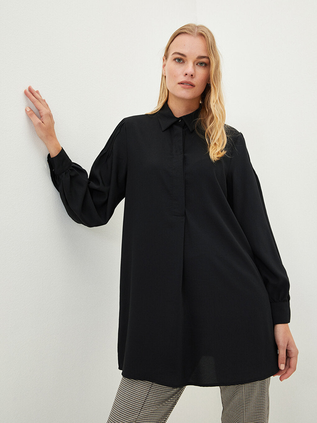 Plain Long Sleeve Crepe Women's Shirt Tunic