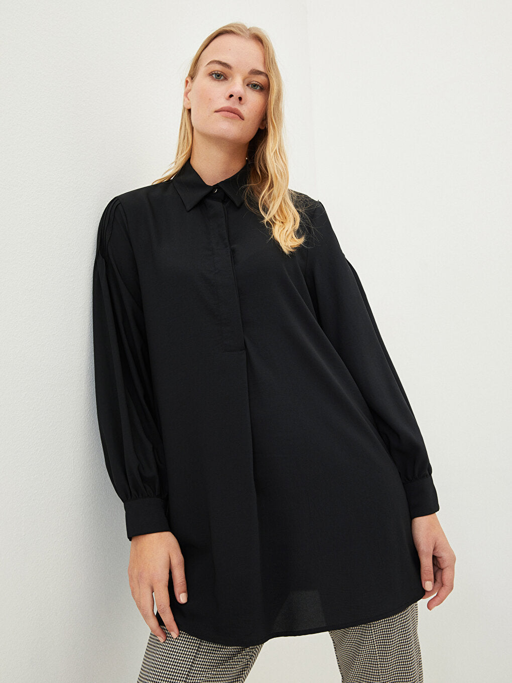 Plain Long Sleeve Crepe Women's Shirt Tunic