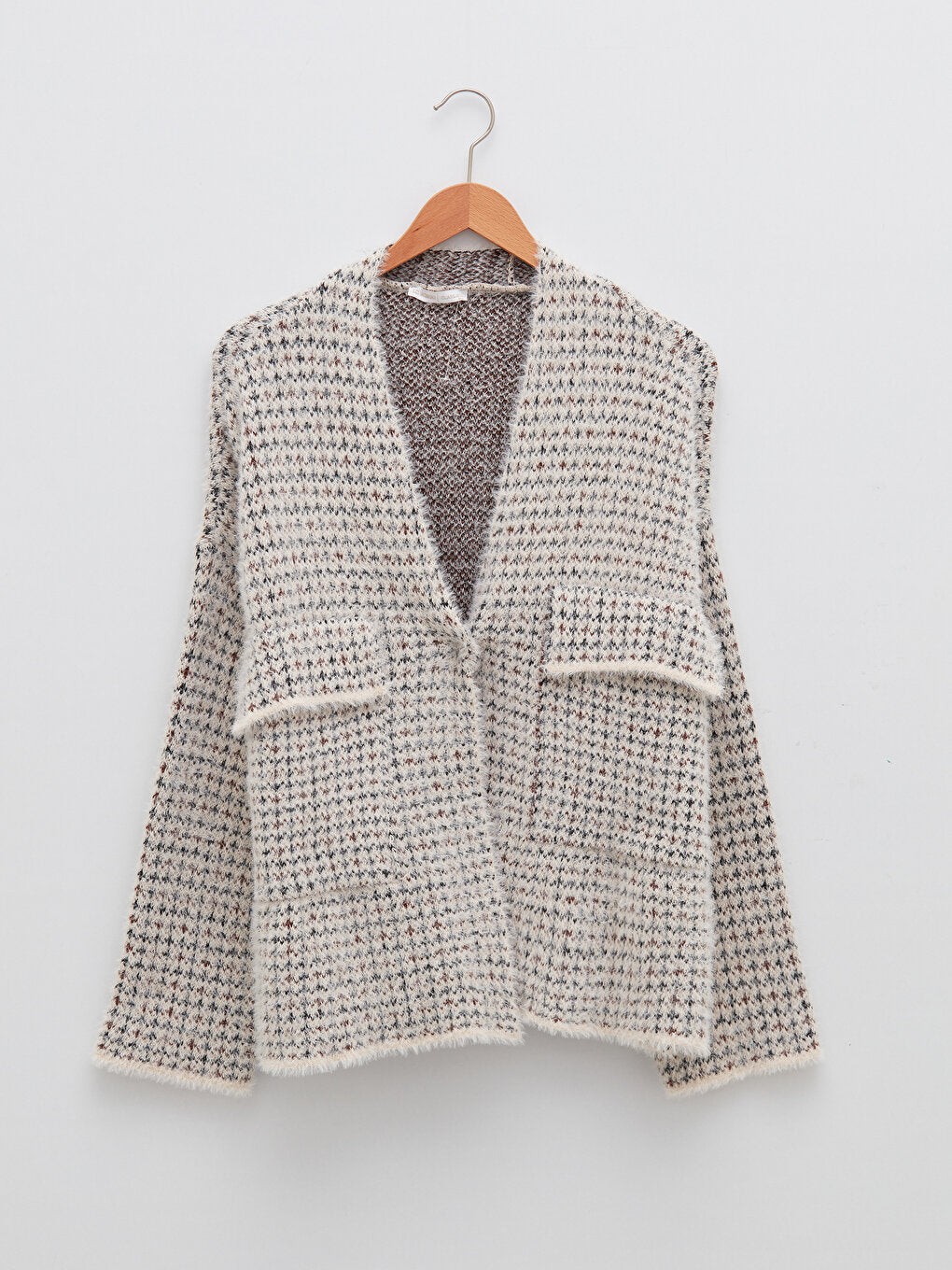 V-Neck Patterned Long Sleeve Women's Knitwear Cardigan with Pocket Detail