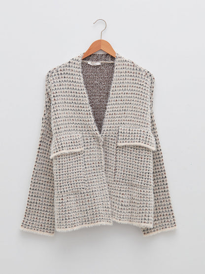 V-Neck Patterned Long Sleeve Women's Knitwear Cardigan with Pocket Detail