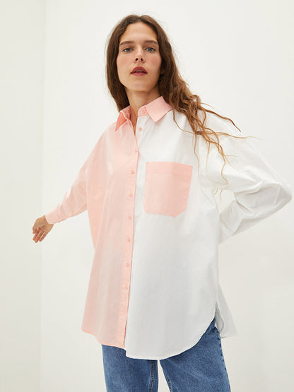 Buttoned Front Color Block Long Sleeve Poplin Women's Shirt