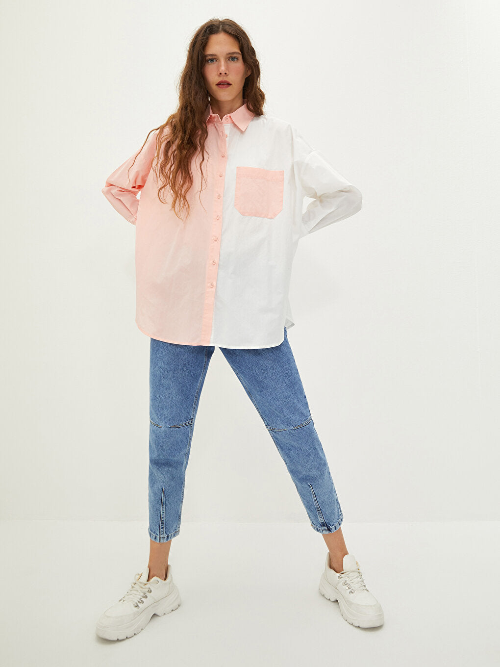 Buttoned Front Color Block Long Sleeve Poplin Women's Shirt