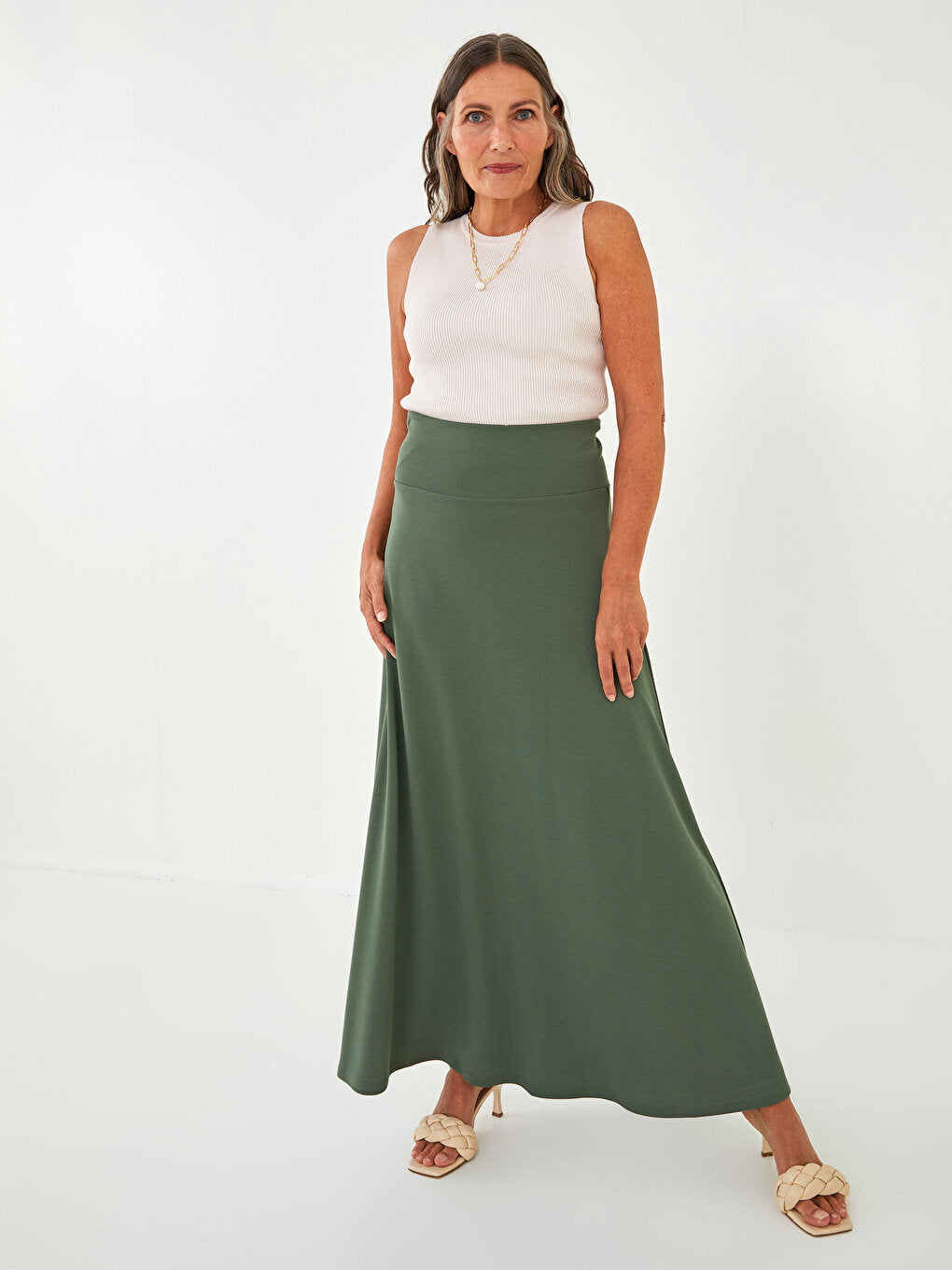 Straight Comfortable Fit Ponte Fabric Women's Flared Skirt with Elastic Waist