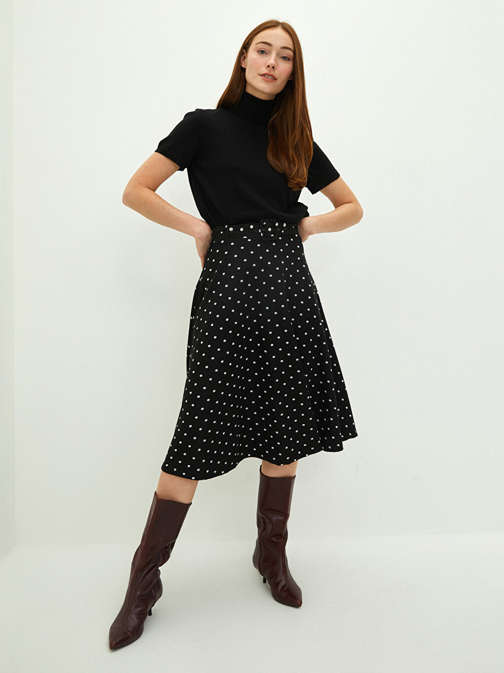 Belted Waist Polka Dot A-Line Women's Skirt