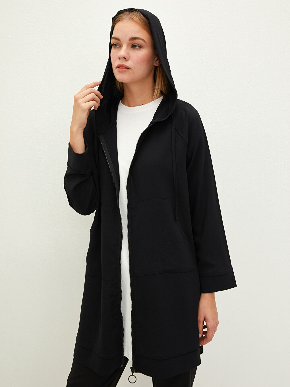 Hooded Collar Plain Zipper Closure Long Sleeve Women's Tunic