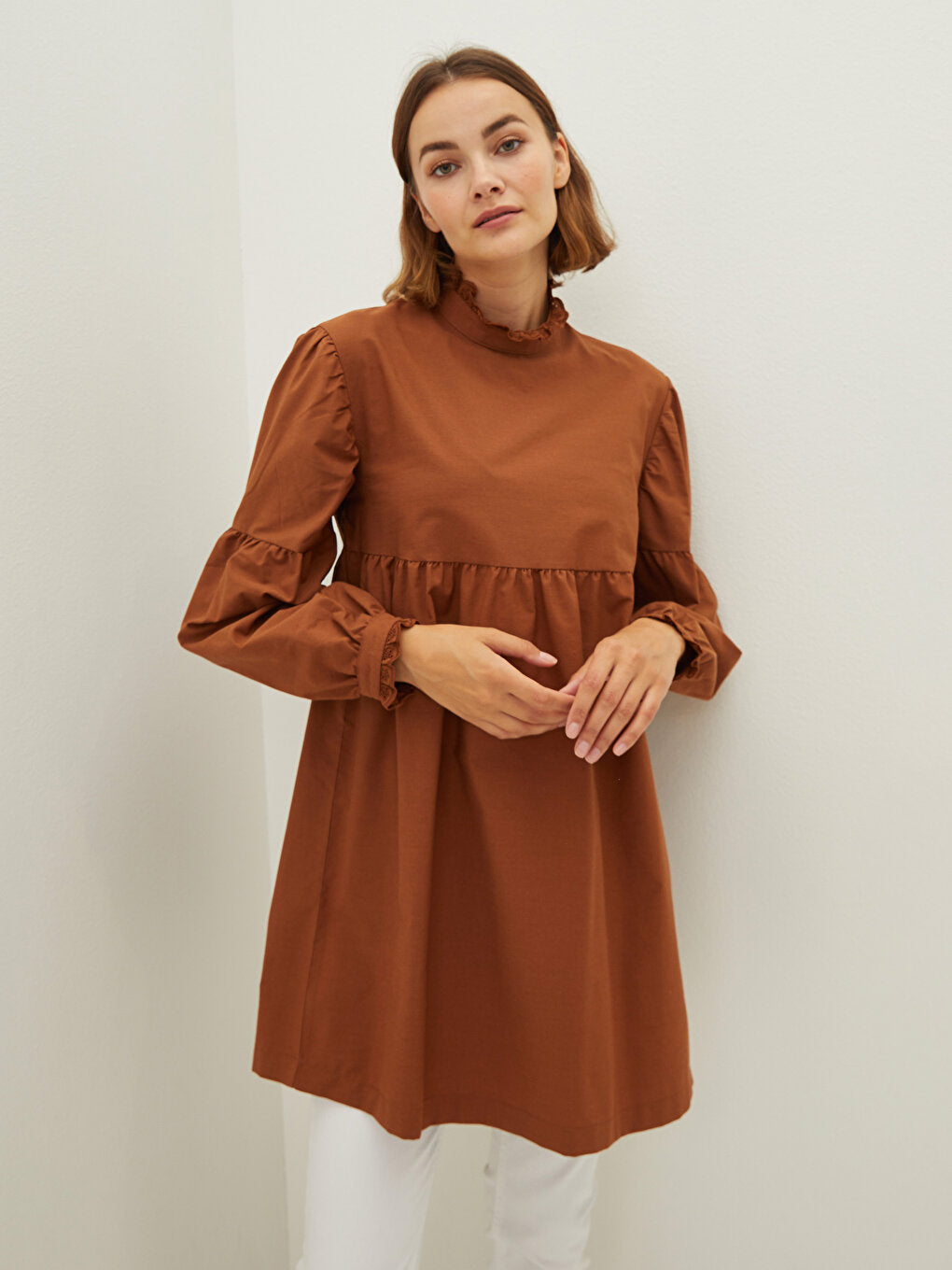 High Collar Lace Detailed Long Sleeve Poplin Women's Tunic