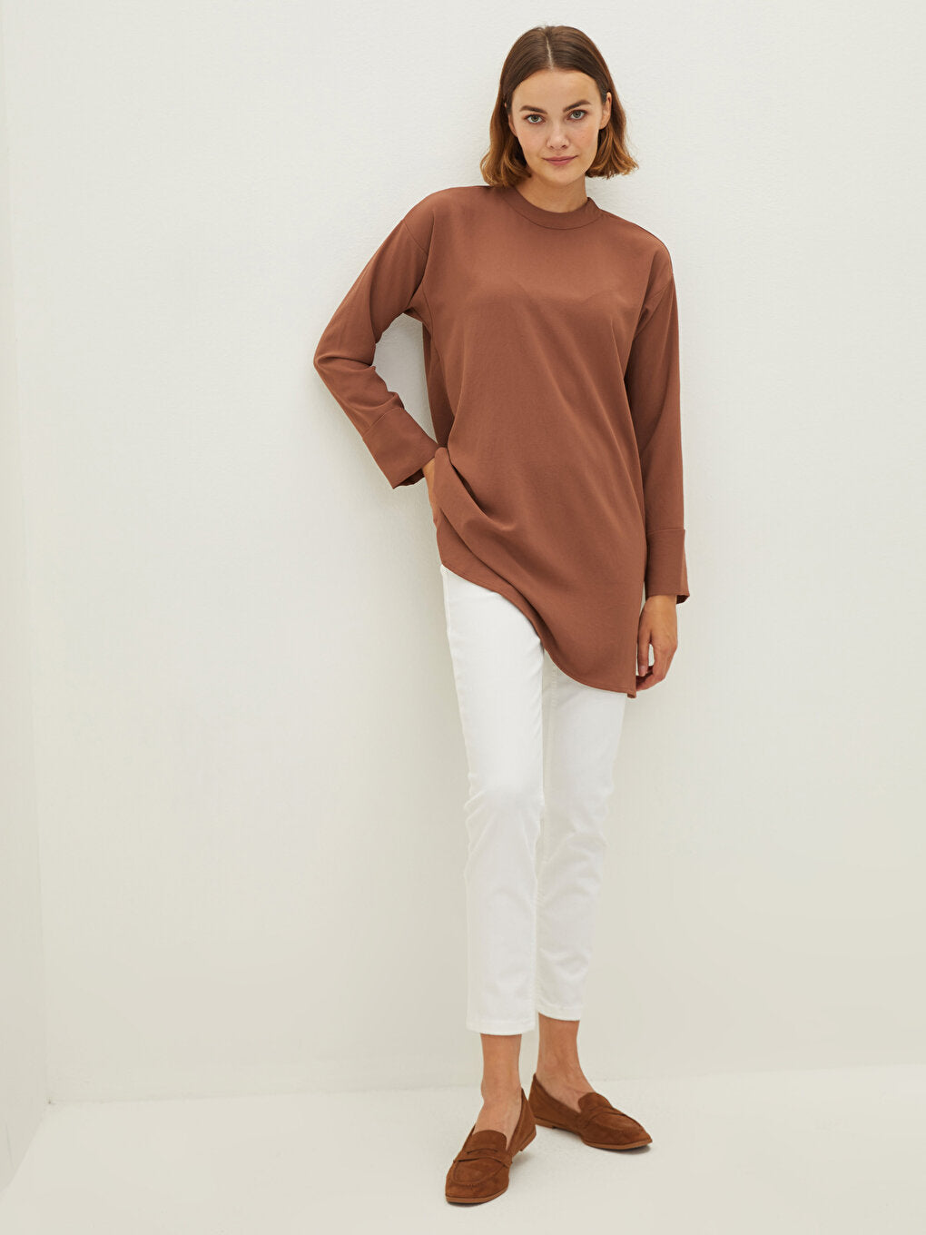 High Collar Lace Detailed Long Sleeve Poplin Women's Tunic