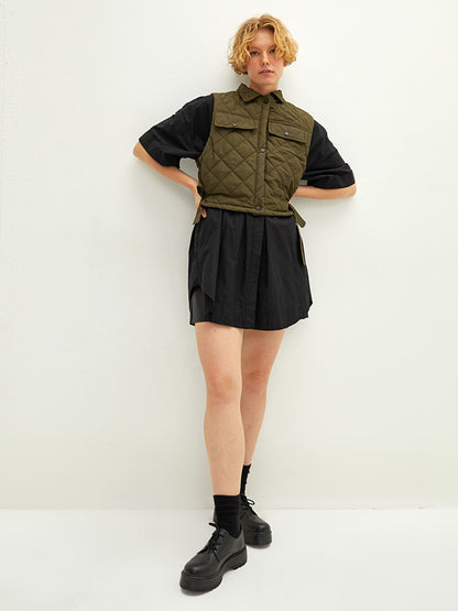 Shirt Collar Quilted Patterned Women's Vest with Pockets