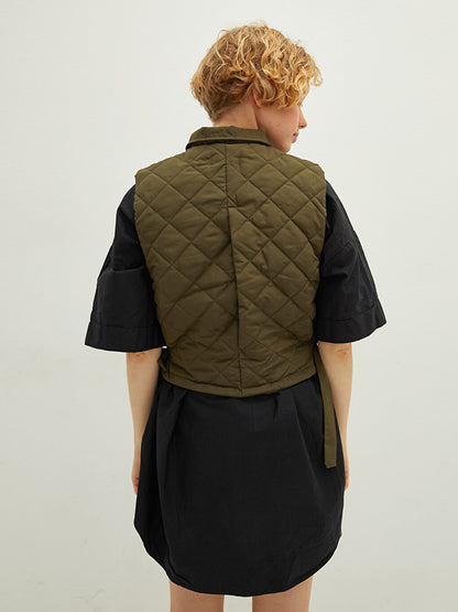 Shirt Collar Quilted Patterned Women's Vest with Pockets