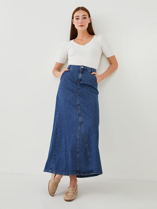 Women's Long Jean Skirt with Pocket Detail