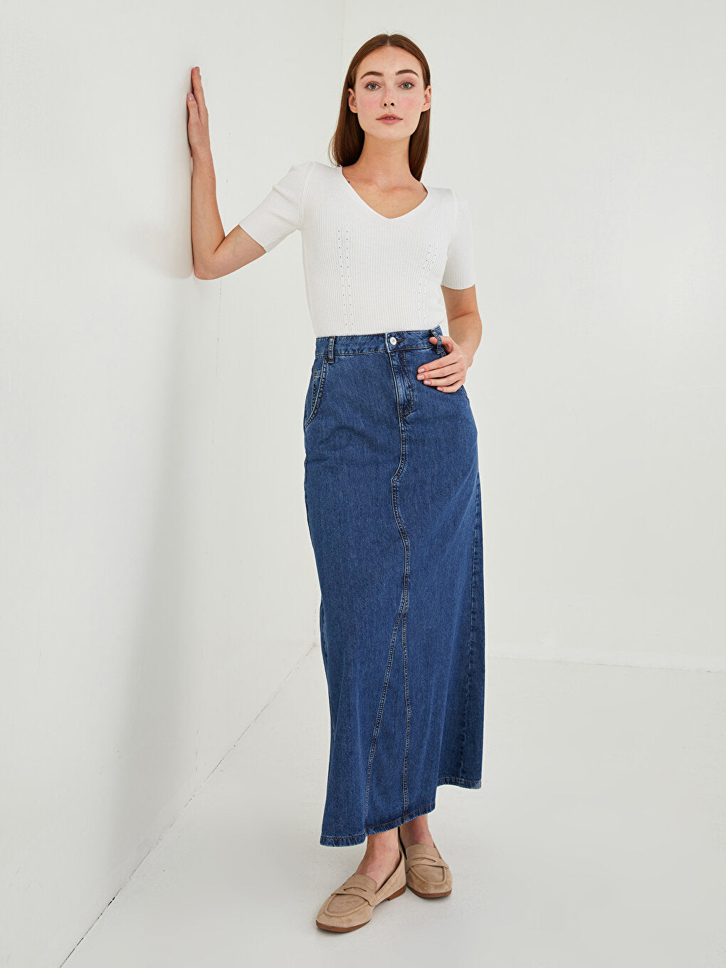 Women's Long Jean Skirt with Pocket Detail