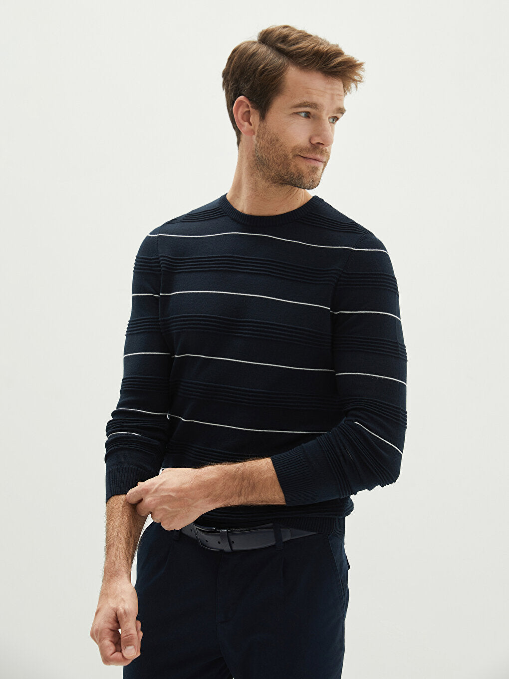 Crew Neck Long Sleeve Striped Men's Knitwear Sweater