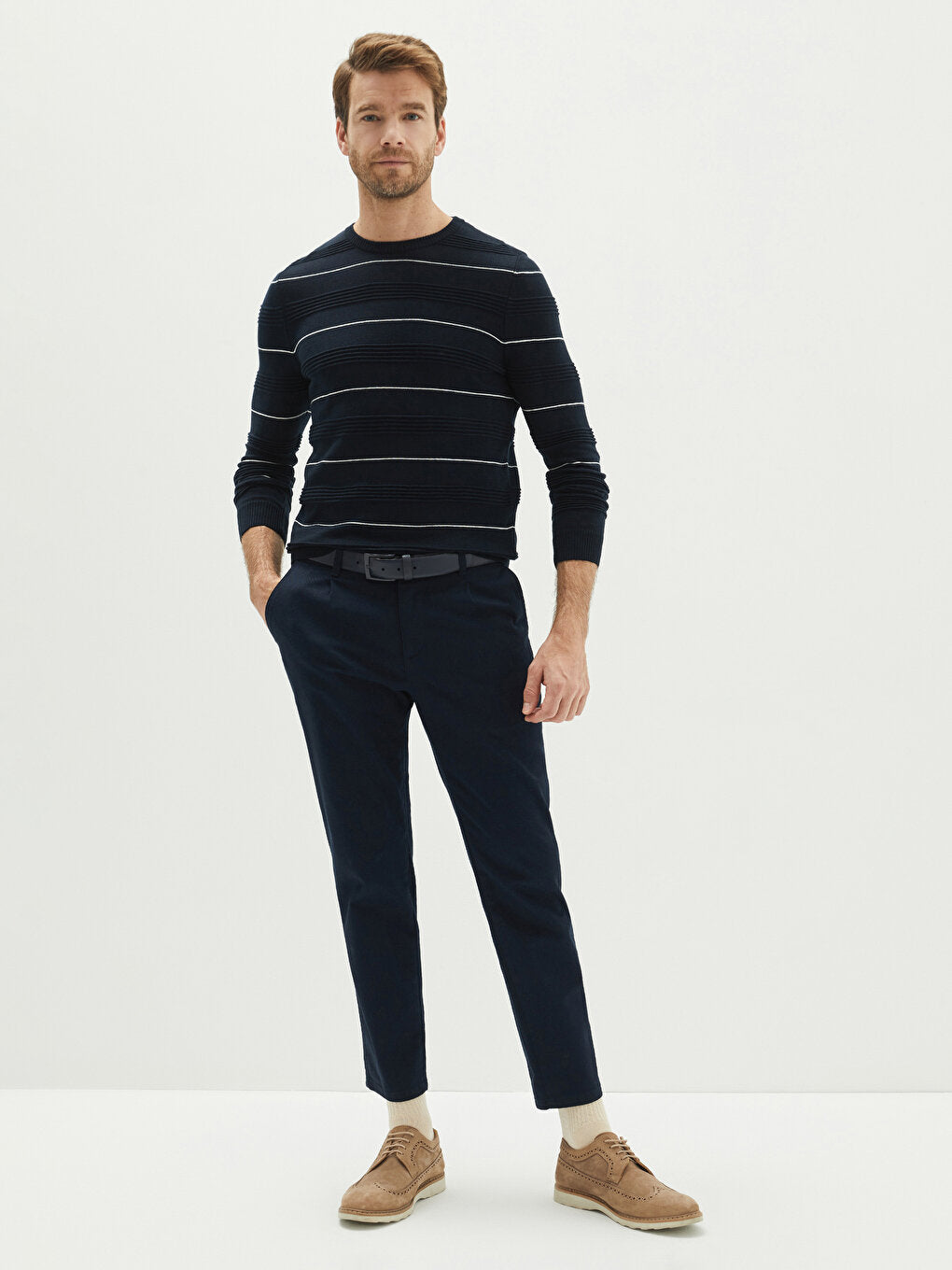 Crew Neck Long Sleeve Striped Men's Knitwear Sweater