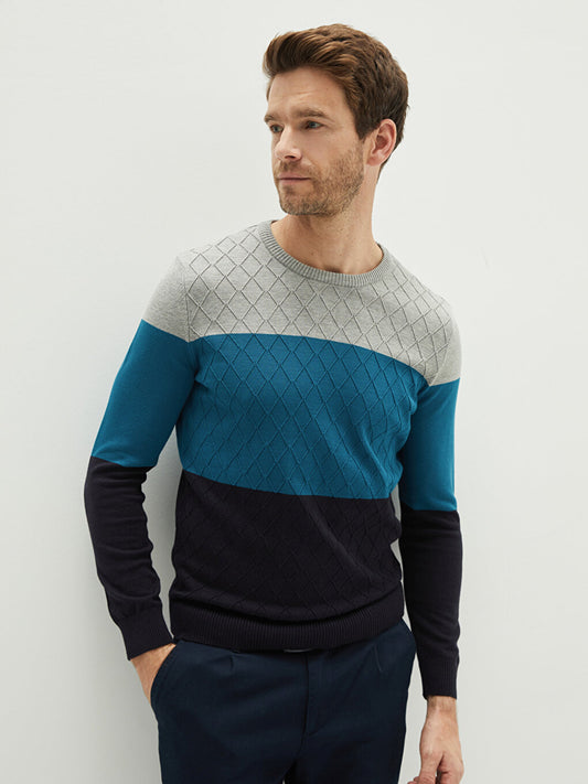 Crew Neck Long Sleeve Color Block Men's Knitwear Sweater