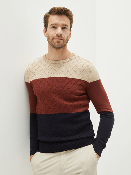 Crew Neck Long Sleeve Color Block Men's Knitwear Sweater