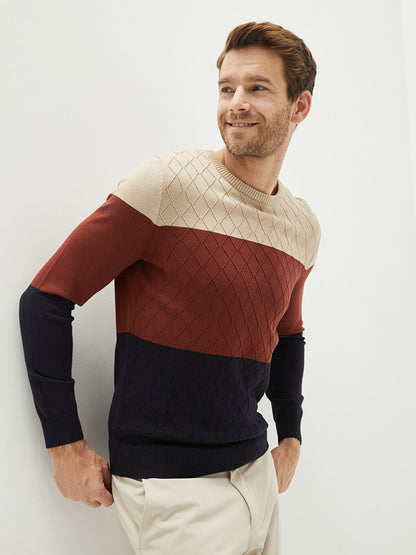 Crew Neck Long Sleeve Color Block Men's Knitwear Sweater