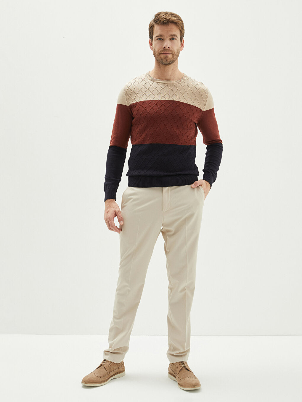 Crew Neck Long Sleeve Color Block Men's Knitwear Sweater