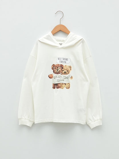 Hooded Printed Long Sleeve Cotton Girls' T-Shirt