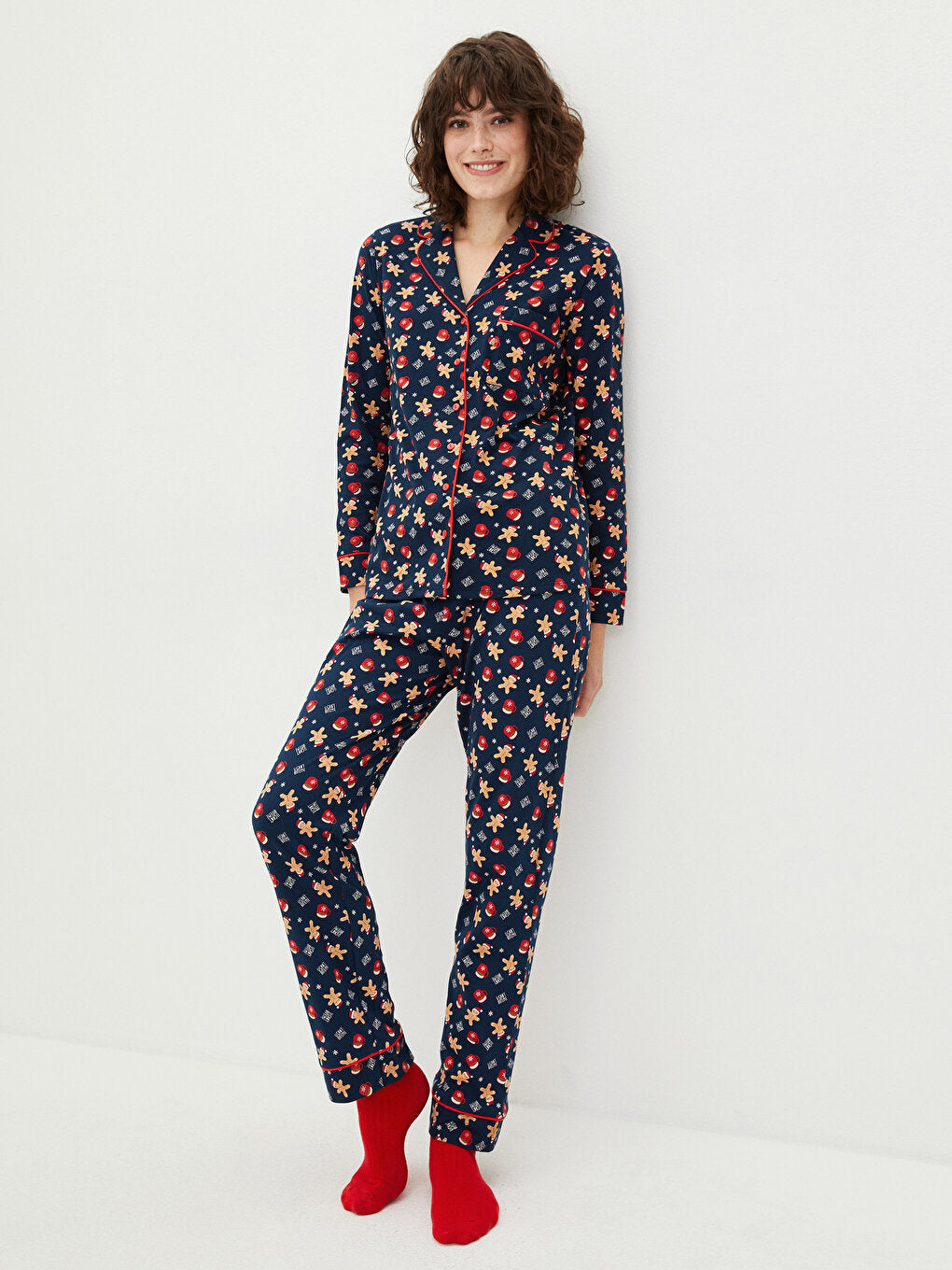 Shirt Collar New Year Themed Long Sleeve Cotton Women's Pajama Set