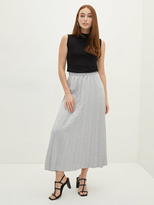 Plain Suede Fabric Women's Pleated Skirt with Elastic Waist