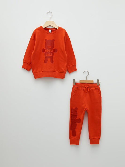 Crew Neck Long Sleeve Printed Baby Boy Sweatshirt and Trousers 2-Piece Set