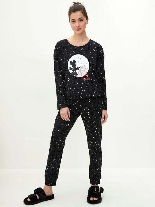 Crew Neck Minnie Mouse Printed Long Sleeve Cotton Women's Pajama Set