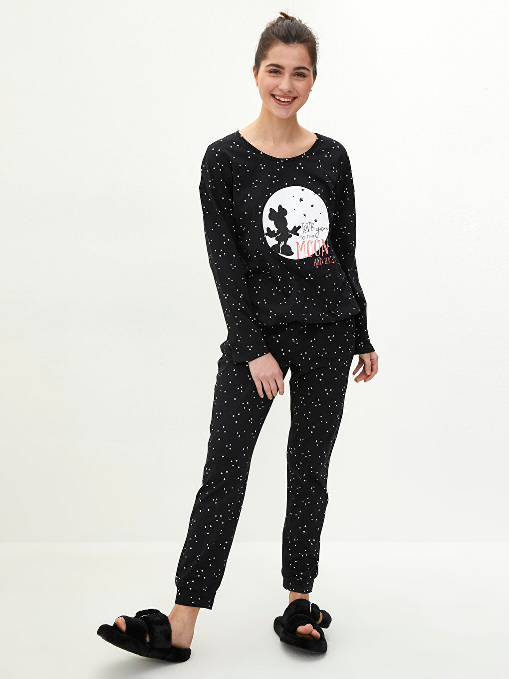 Crew Neck Minnie Mouse Printed Long Sleeve Cotton Women's Pajama Set