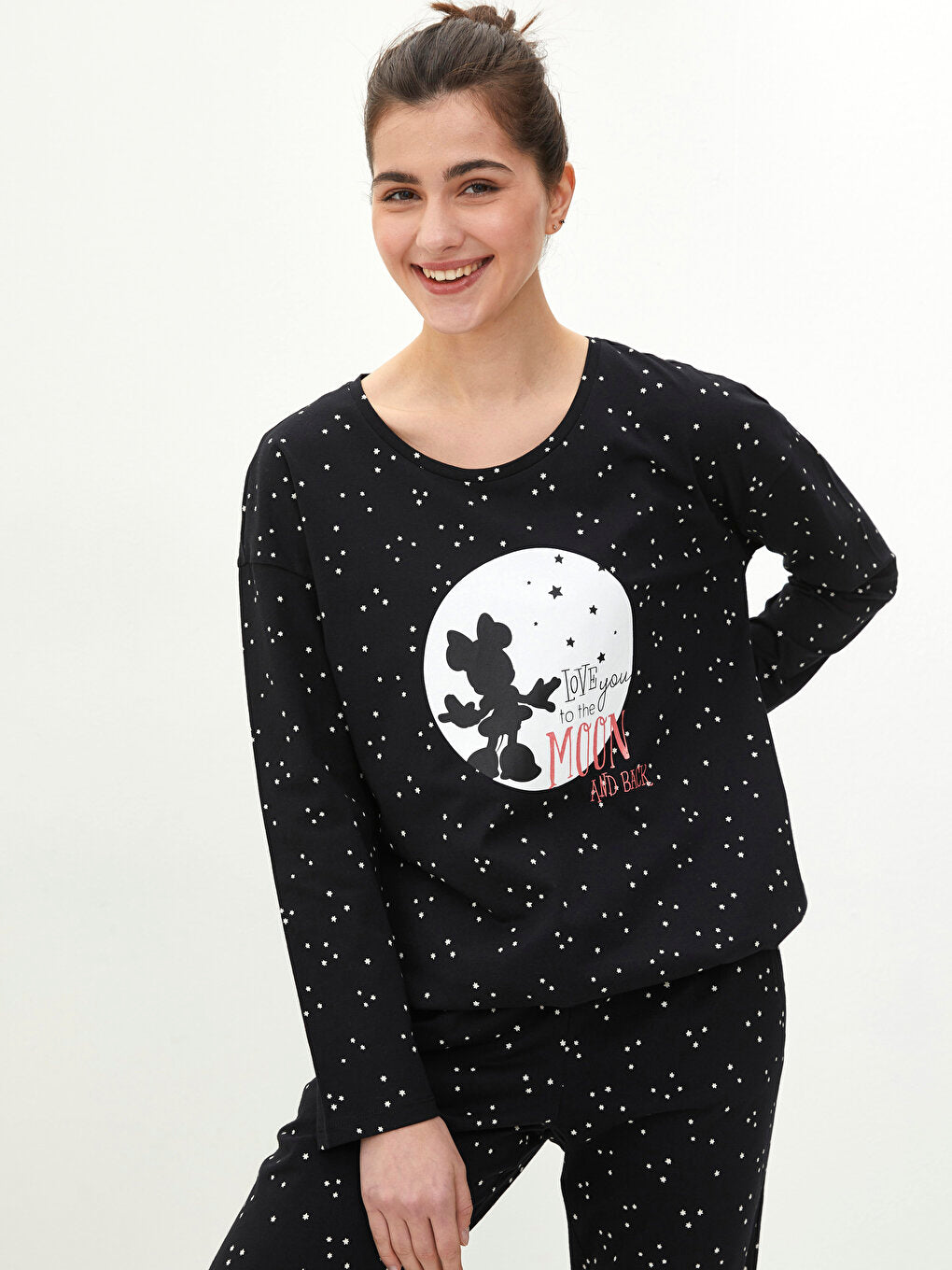 Crew Neck Minnie Mouse Printed Long Sleeve Cotton Women's Pajama Set