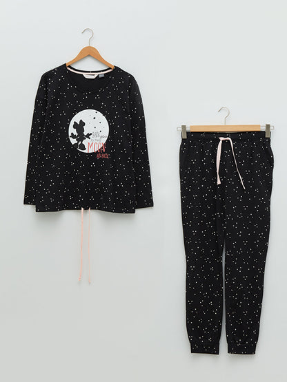 Crew Neck Minnie Mouse Printed Long Sleeve Cotton Women's Pajama Set