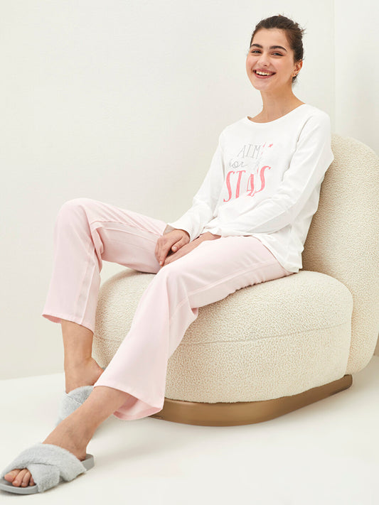 Crew Neck Text Printed Long Sleeve Women's Pajama Set