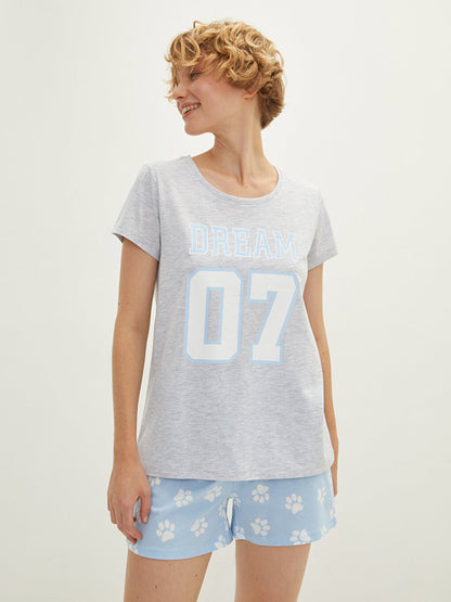 Crew Neck Printed Short Sleeve Women's Pajama Set with Shorts