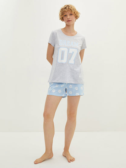 Crew Neck Printed Short Sleeve Women's Pajama Set with Shorts