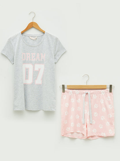 Crew Neck Printed Short Sleeve Women's Pajama Set with Shorts