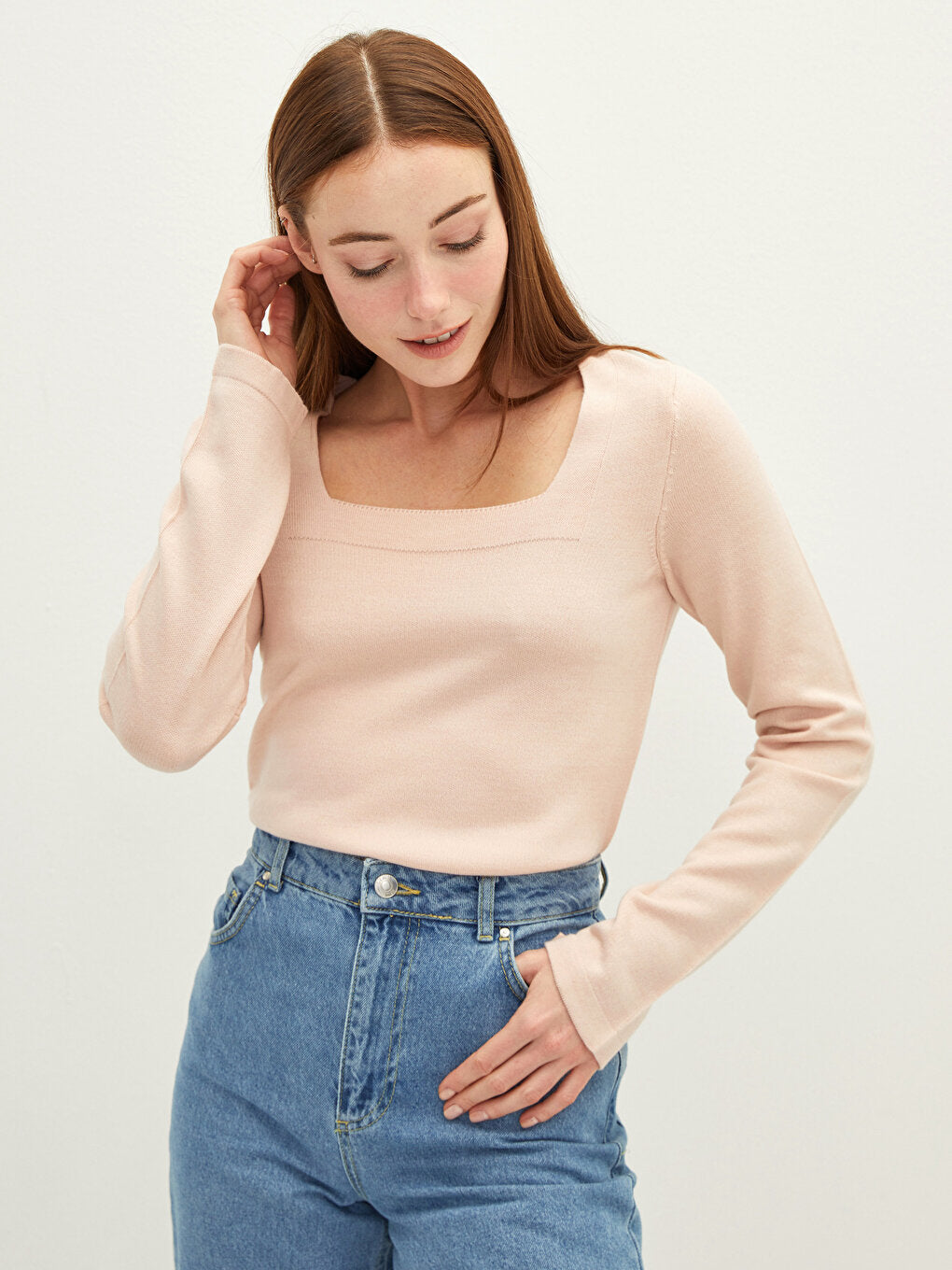 Square Collar Plain Long Sleeve Women's Knitwear Sweater