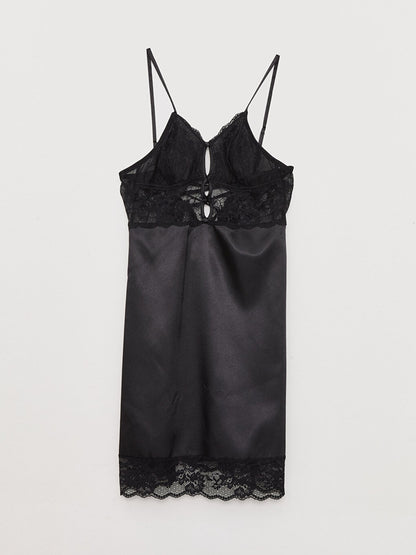 V-Neck Lace Detailed Strappy Women's Nightgown