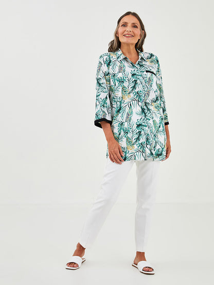 Front Button Closure Floral Long Sleeve Viscose Women's Shirt