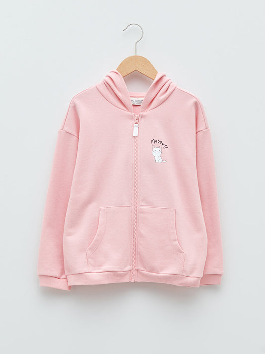 Hooded Printed Long Sleeve Girl's Zipper Sweatshirt