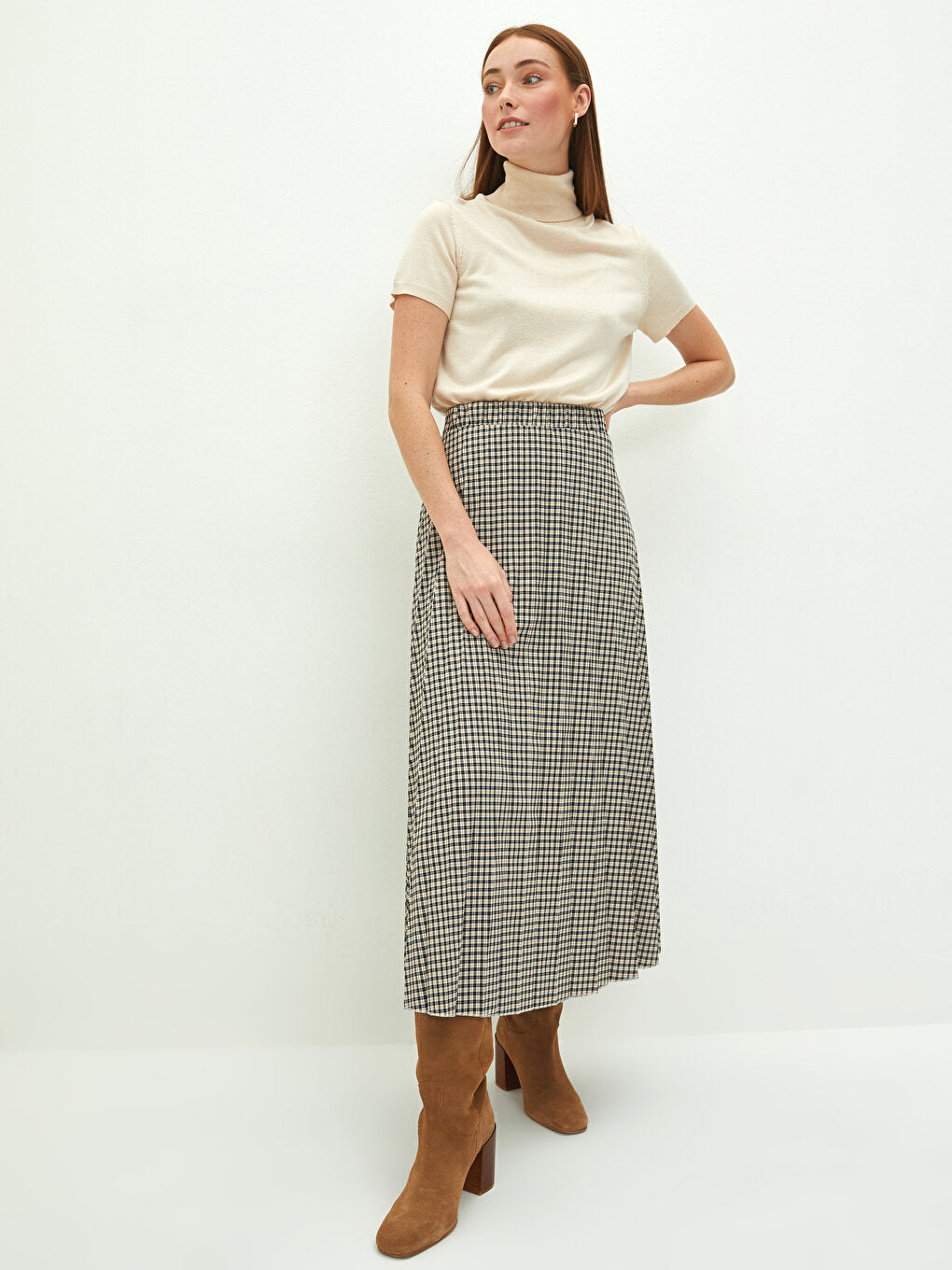 Plaid Women's Pleated Skirt with Elastic Waist