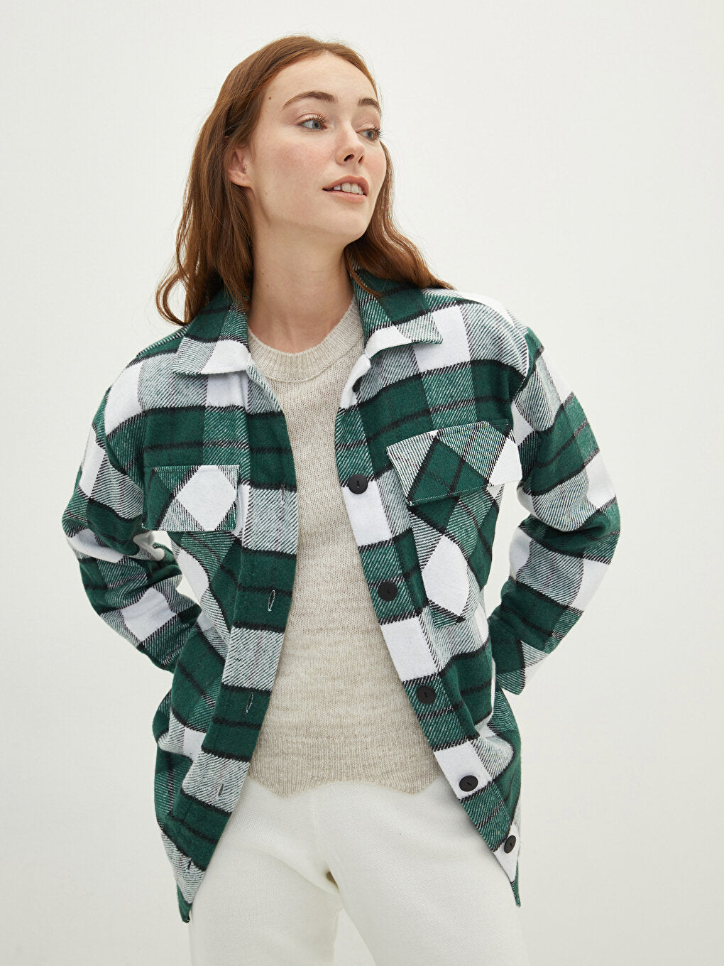 Front Button Closure Plaid Long Sleeve Women's Shirt Jacket