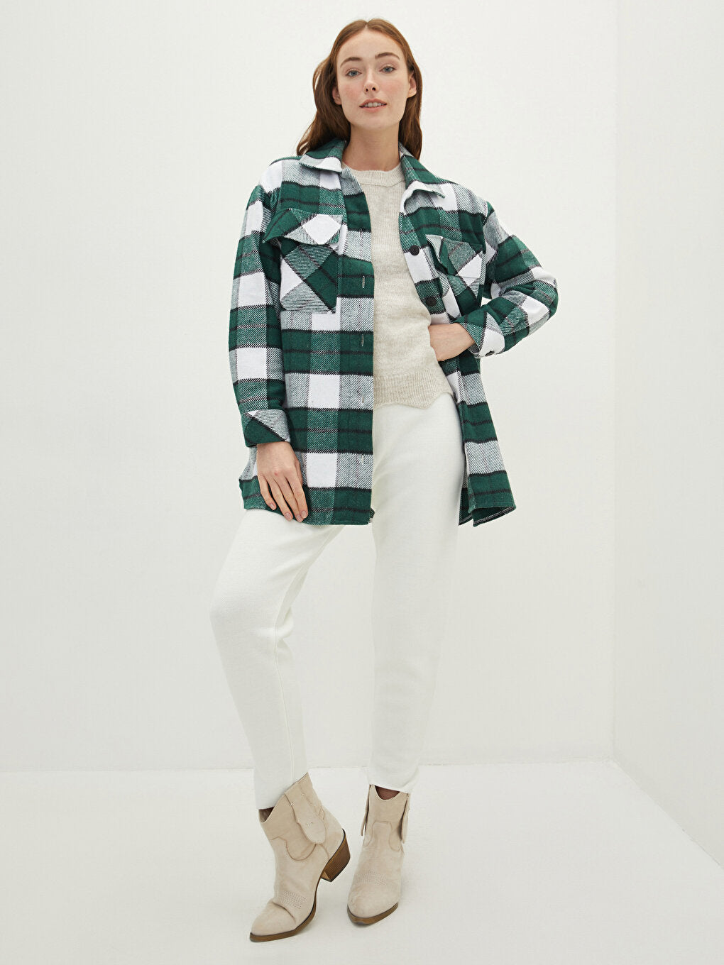 Front Button Closure Plaid Long Sleeve Women's Shirt Jacket