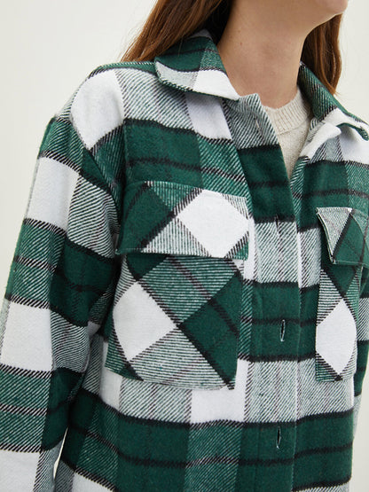 Front Button Closure Plaid Long Sleeve Women's Shirt Jacket