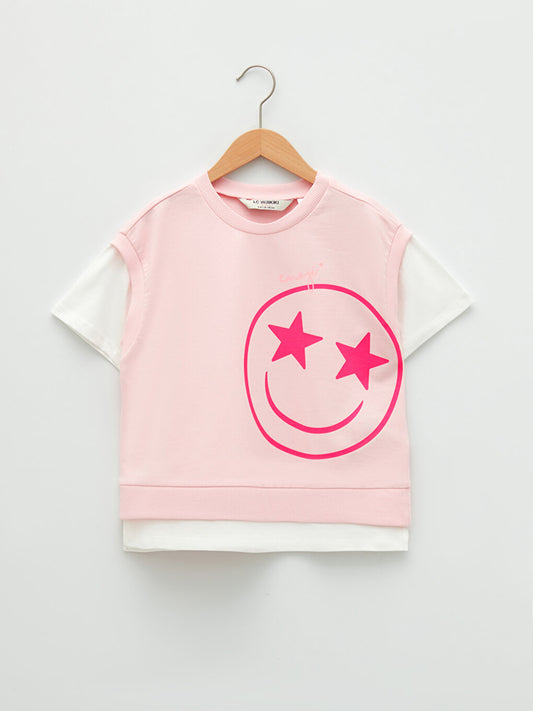 Crew Neck Emoji Printed Short Sleeve Girl's Sweatshirt