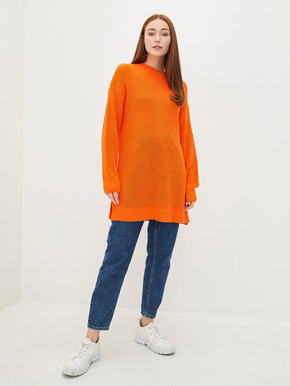 Crew Neck Plain Long Sleeve Women's Knitwear Tunic