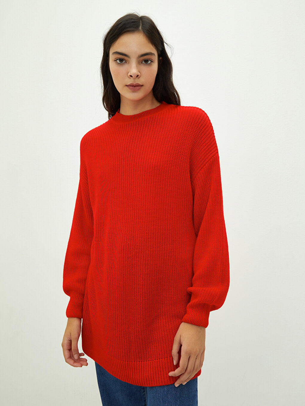 Crew Neck Plain Long Sleeve Women's Knitwear Tunic