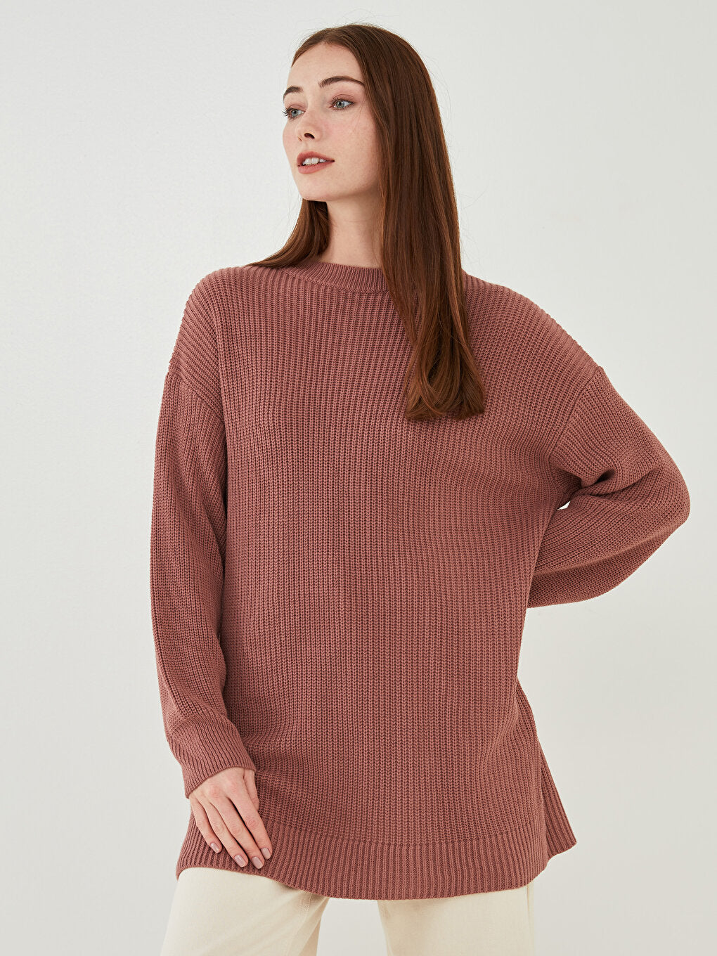 Crew Neck Plain Long Sleeve Women's Knitwear Tunic